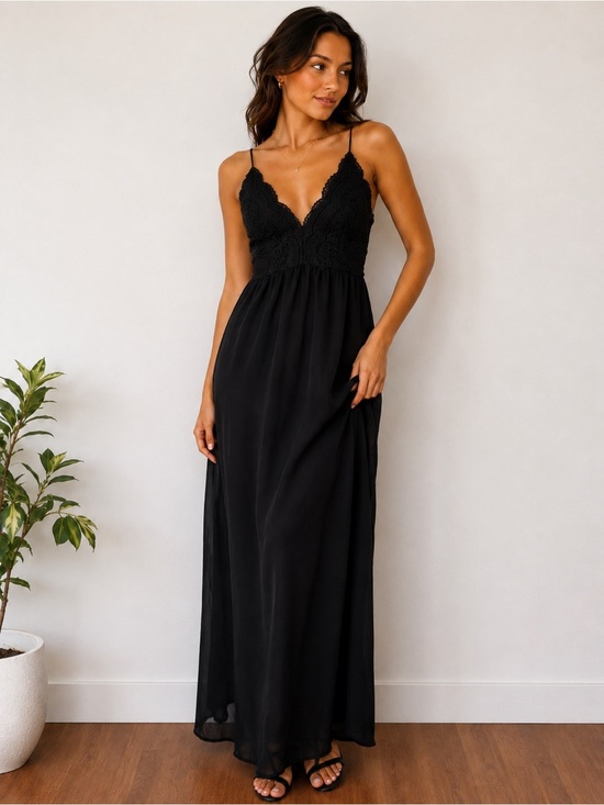 Shinestar Dresses & Skirts - Black Lace Chiffon Maxi Dress – Boho Gothic Sheer Overlay XL